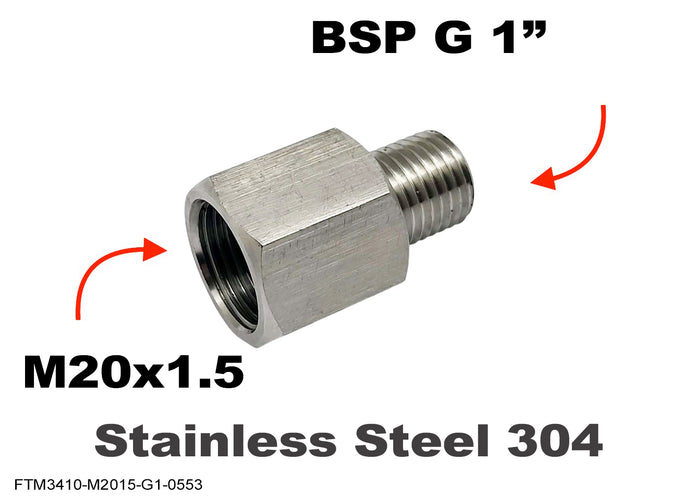 Stainless steel M20x1.5 female to BSP G 1-inch male sensor adaptor fitting for plumbing and fluid connections.