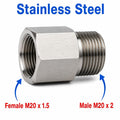 Stainless steel M20x1.5 female to M20x2 male sensor adaptor fitting for conversion, by MC Motoparts, on a white background.