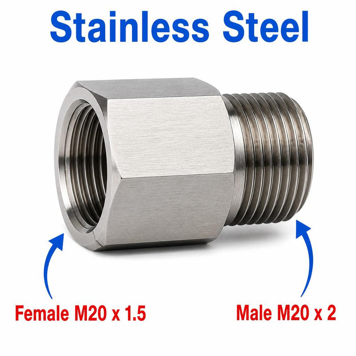 Stainless steel M20x1.5 female to M20x2 male sensor adaptor fitting for conversion, by MC Motoparts, on a white background.