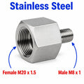 Stainless steel MC Motoparts APS M20x1.5 female to M8x1 male sensor adaptor fitting for conversion applications.