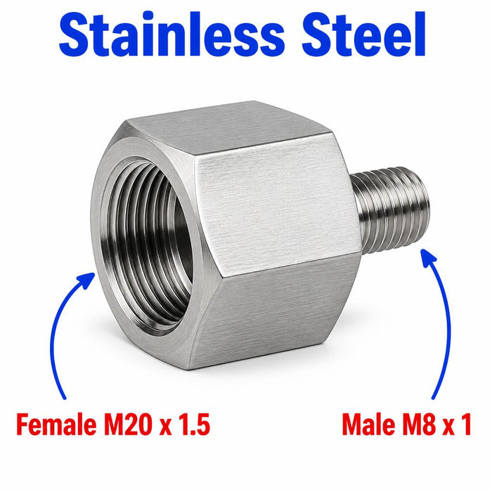 Stainless steel MC Motoparts APS M20x1.5 female to M8x1 male sensor adaptor fitting for conversion applications.