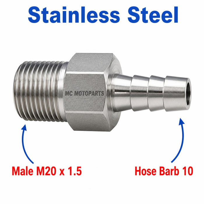 Stainless steel MC Motoparts M20x1.5 male to 10mm barbed sensor adaptor fitting for conversion applications.