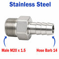 Stainless steel M20x1.5 male to 14mm barb sensor adaptor fitting, APS conversion by MC Motoparts for automotive use