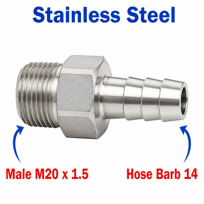 Stainless steel M20x1.5 male to 14mm barb sensor adaptor fitting, APS conversion by MC Motoparts for automotive use