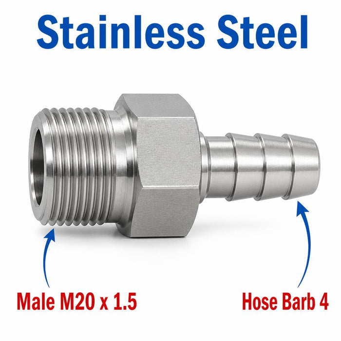 Stainless steel MC Motoparts M20x1.5 male to 4mm barb sensor adaptor fitting for conversion, shown in close-up detail.