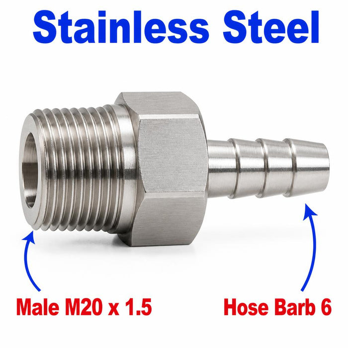 M20x1.5 male to 6mm barb stainless steel sensor adaptor fitting for conversion by MC Motoparts.