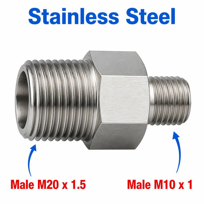 Stainless steel MC Motoparts M20x1.5 to M10x1 sensor adaptor fitting for conversion, with threaded male ends and metal finish.