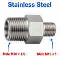 Stainless steel MC Motoparts M20x1.5 to M10x1 sensor adaptor fitting for conversion, with threaded male ends and metal finish.