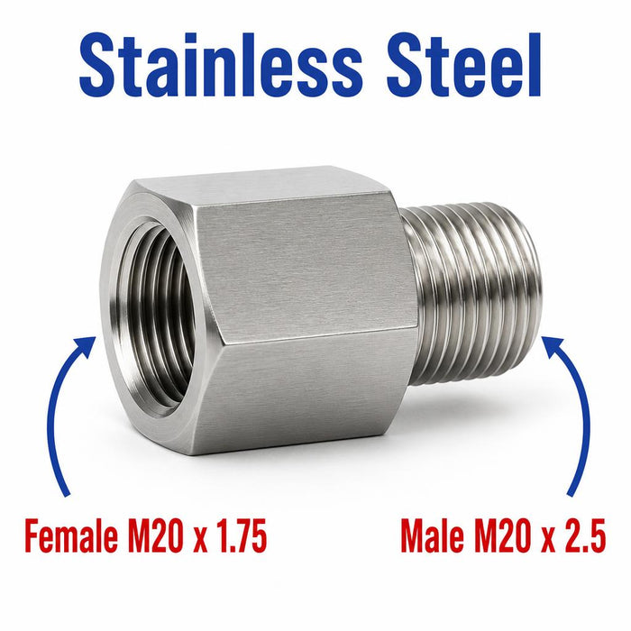Stainless steel M20x1.75 female to M20x2.5 male sensor adaptor fitting for conversion, by MC Motoparts.