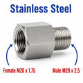 Stainless steel M20x1.75 female to M20x2.5 male sensor adaptor fitting for conversion, by MC Motoparts.