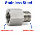 Stainless steel M20x2 female to M20x1.5 male sensor adaptor fitting for conversion, made by MC Motoparts, shown on a white background.