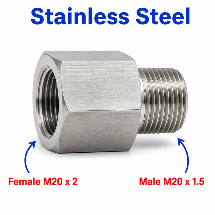 Stainless steel M20x2 female to M20x1.5 male sensor adaptor fitting for conversion, made by MC Motoparts, shown on a white background.