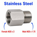 Stainless steel M20x2 female to M20x1.75 male sensor adaptor fitting from MC Motoparts, used for conversion in automotive sensors.
