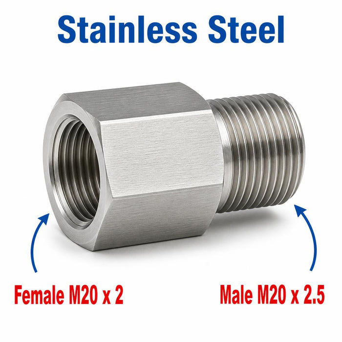 Stainless steel M20x2 female to M20x2.5 male sensor adaptor fitting for conversions, MC Motoparts APS fitting series.
