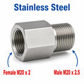Stainless steel M20x2 female to M20x2.5 male sensor adaptor fitting for conversions, MC Motoparts APS fitting series.