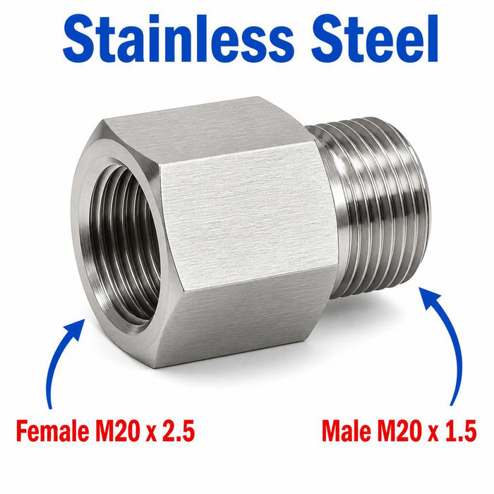Stainless steel M20x2.5 female to M20x1.5 male sensor adaptor fitting, APS conversion fitting for MC Motoparts.