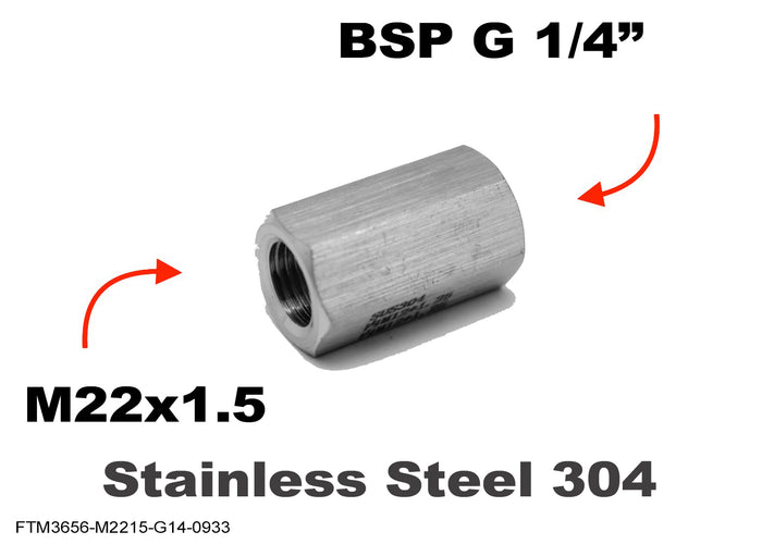 Stainless steel M22x1.5 female to BSP G 1/4 inch female sensor adaptor fitting for conversion applications