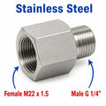 Stainless steel M22x1.5 female to BSP G 1/4 inch male sensor adaptor fitting for conversion, shown in the image.