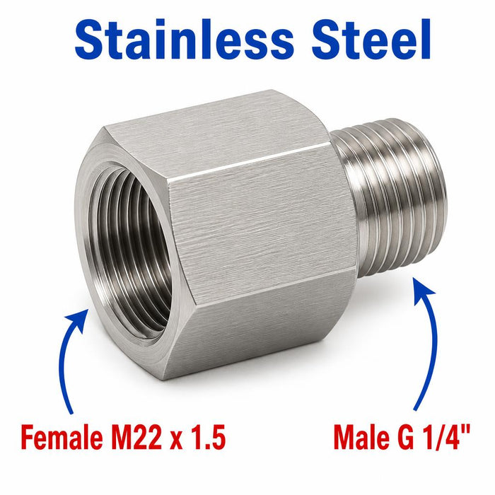 Stainless steel M22x1.5 female to BSP G 1/4 inch male sensor adaptor fitting for conversion, shown in the image.
