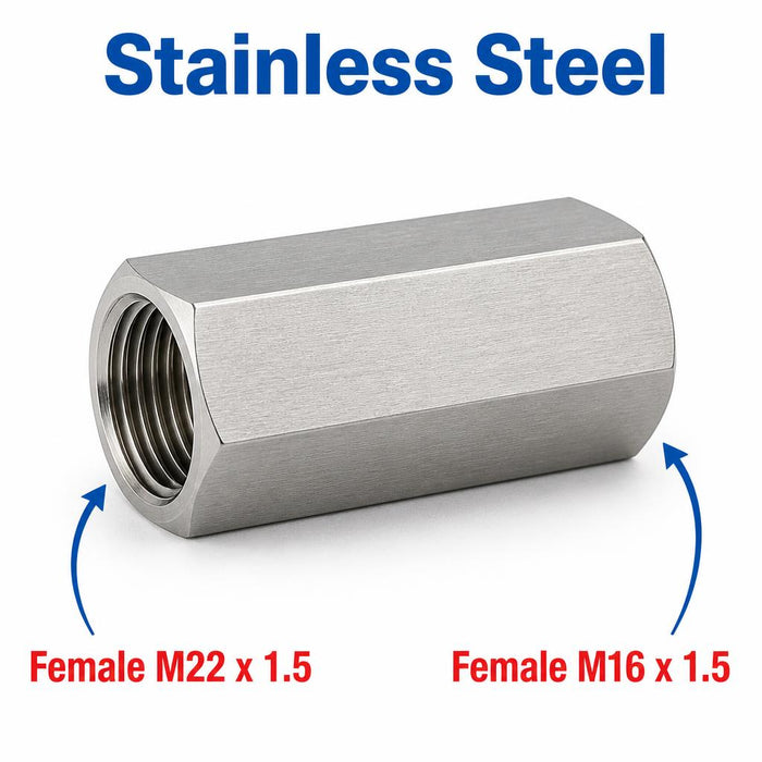 Stainless steel M22x1.5 female to M16x1.5 female sensor adaptor fitting, MC Motoparts APS conversion fitting for automotive use