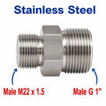 Stainless steel M22x1.5 male to BSP G 1 inch male sensor adaptor fitting for conversion, by MC Motoparts.