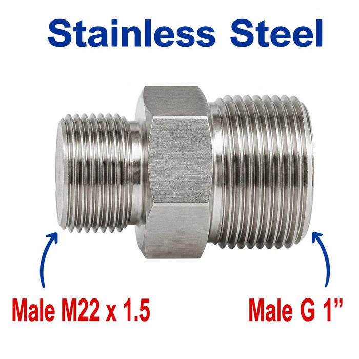 Stainless steel M22x1.5 male to BSP G 1 inch male sensor adaptor fitting for conversion, by MC Motoparts.