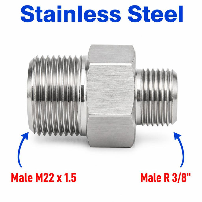 Stainless steel M22x1.5 male to BSPT tapered 3/8 inch sensor adapter fitting, MC Motoparts APS conversion fitting.