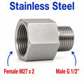 Stainless steel M27x2 female to BSP G 1/2 inch male sensor adaptor fitting for conversion, compatible with MC Motoparts APS fittings.