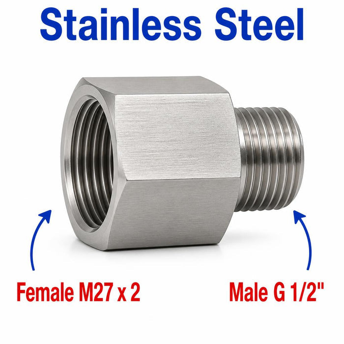 Stainless steel M27x2 female to BSP G 1/2 inch male sensor adaptor fitting for conversion, compatible with MC Motoparts APS fittings.