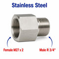 Stainless steel M27x2 female to BSPT tapered 3/4 inch male sensor adaptor fitting for conversion, from MC Motoparts.
