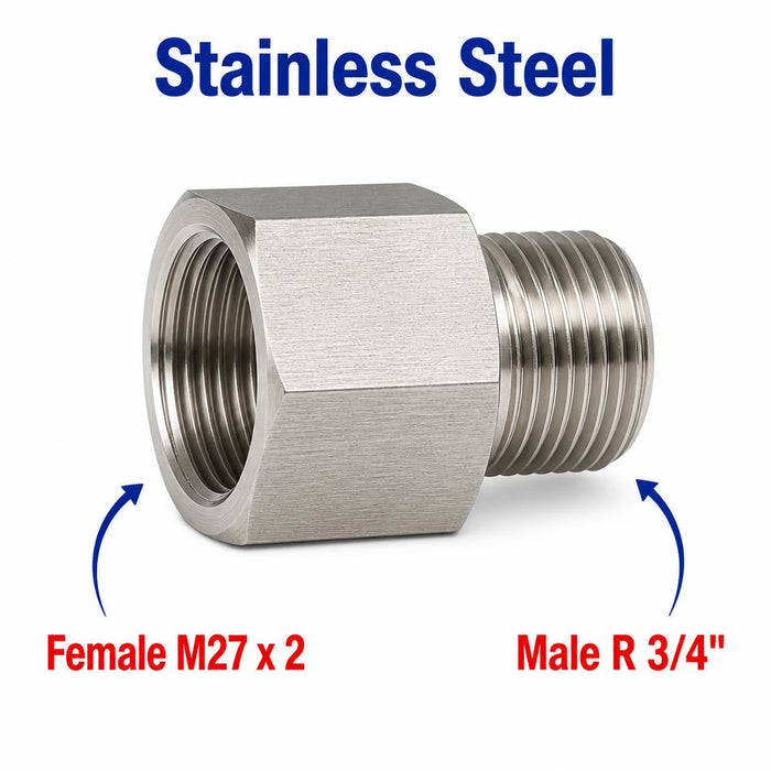 Stainless steel M27x2 female to BSPT tapered 3/4 inch male sensor adaptor fitting for conversion, from MC Motoparts.