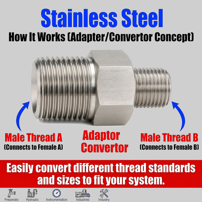Stainless steel M27x2 female to 3/4 inch BSPT male sensor adaptor fitting for conversion, detailed close-up of MC Motoparts APS fitting