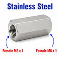 Stainless steel M6x1 to M6x1 female sensor adaptor fitting from MC Motoparts, used for conversion in automotive applications.