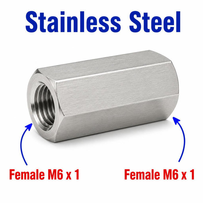 Stainless steel M6x1 to M6x1 female sensor adaptor fitting from MC Motoparts, used for conversion in automotive applications.