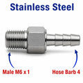 Stainless steel M6x1 male to 4mm barb sensor adaptor fitting for conversion, MC Motoparts APS adaptor fitting on white background