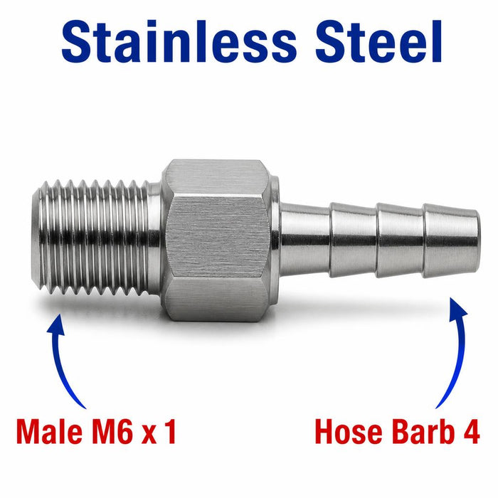 Stainless steel M6x1 male to 4mm barb sensor adaptor fitting for conversion, MC Motoparts APS adaptor fitting on white background