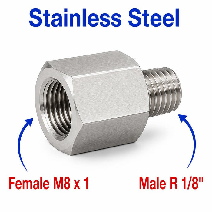 M8x1 female to BSPT tapered 1/8 inch male stainless steel sensor adaptor fitting for conversion by MC Motoparts.