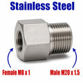 Stainless steel M8x1 female to M20x1.5 male sensor adaptor fitting for conversion, shown in close-up.