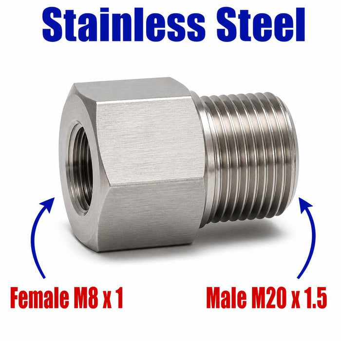 Stainless steel M8x1 female to M20x1.5 male sensor adaptor fitting for conversion, shown in close-up.