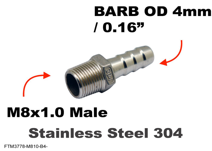 Stainless steel M8x1.0 male to 4mm barb hose connector adaptor fitting for motorcycle fuel or fluid lines.
