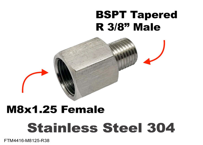 Stainless steel M8x1.25 female to BSPT 3/8 inch male sensor adaptor fitting for conversion applications.