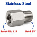 Stainless steel M8x1.25 female to BSPT tapered 3/8 inch male sensor adaptor fitting for conversion applications.