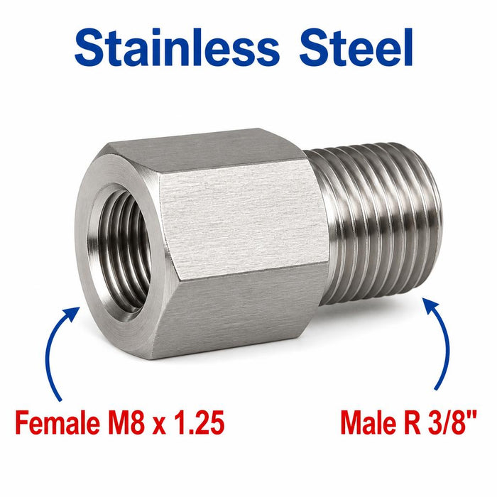 Stainless steel M8x1.25 female to BSPT tapered 3/8 inch male sensor adaptor fitting for conversion applications.