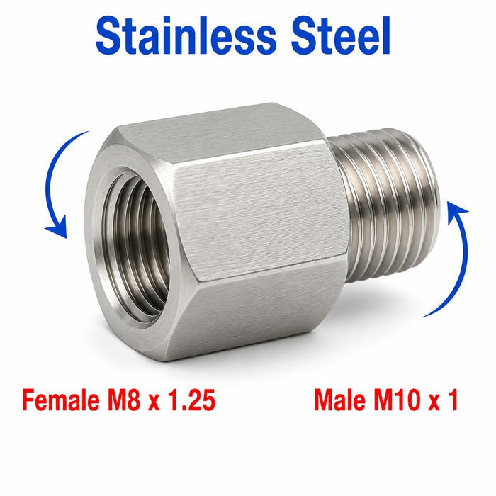Stainless steel M8x1.25 female to M10x1 male sensor adaptor fitting for conversion, MC Motoparts APS fitting series.