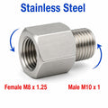 Stainless steel M8x1.25 female to M10x1 male sensor adaptor fitting for conversion, MC Motoparts APS fitting series.