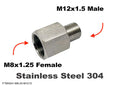 Stainless steel M8x1.25 female to M12x1.5 male sensor adaptor fitting for conversion, designed by MC Motoparts.