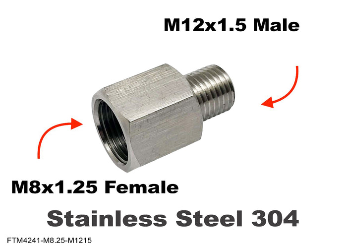 Stainless steel M8x1.25 female to M12x1.5 male sensor adaptor fitting for conversion, designed by MC Motoparts.