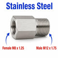 Stainless steel MC Motoparts M8x1.25 female to M12x1.75 male sensor adaptor fitting for conversion in automotive applications.