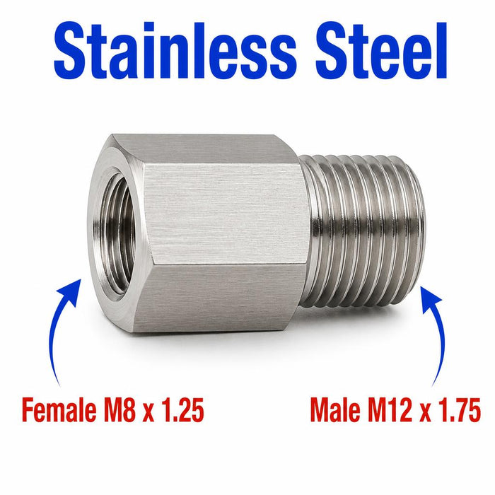 Stainless steel MC Motoparts M8x1.25 female to M12x1.75 male sensor adaptor fitting for conversion in automotive applications.
