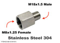 Stainless steel M8x1.25 female to M18x1.5 male sensor adaptor fitting for vehicle conversions, by MC Motoparts.
